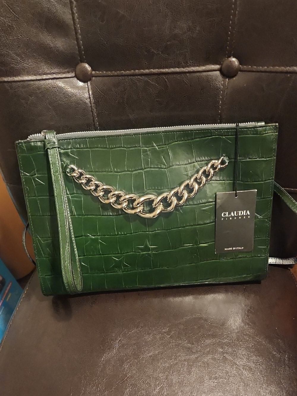 Claudia Firenze Green Croc-Embossed Chain Crossbody Bag